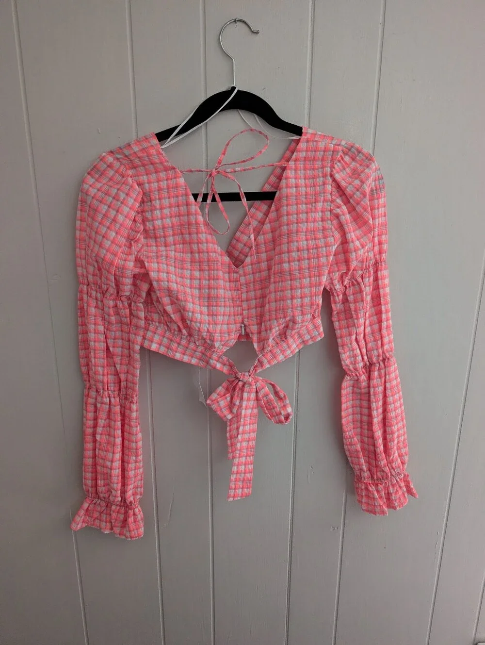 NWT Topshop Bright Pink Gingham Plaid Long Sleeve Crop Top - Picture 8 of 8